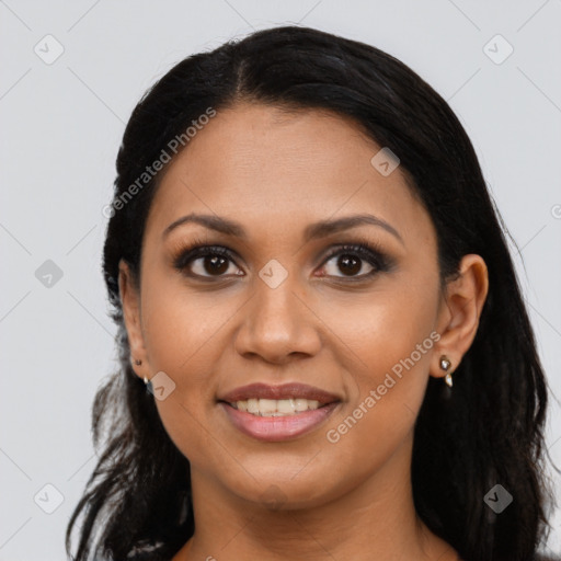 Joyful latino young-adult female with long  black hair and brown eyes