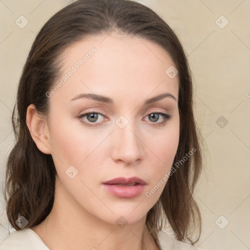 Neutral white young-adult female with medium  brown hair and grey eyes