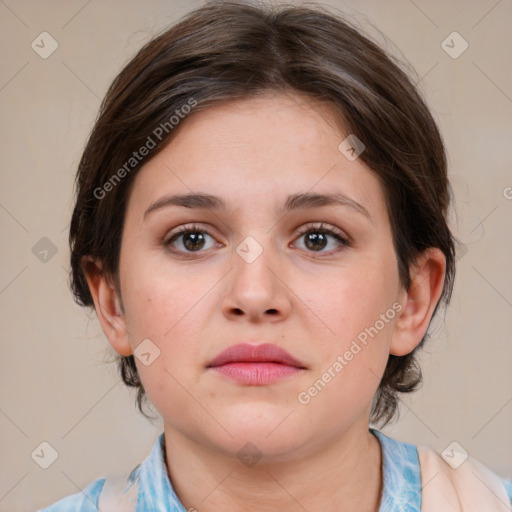 Neutral white young-adult female with medium  brown hair and brown eyes