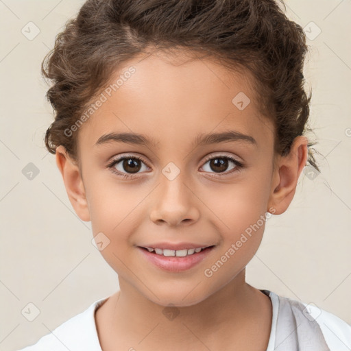 Joyful white child female with short  brown hair and brown eyes