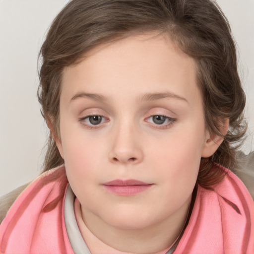 Neutral white child female with medium  brown hair and blue eyes