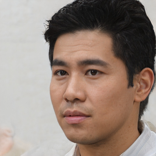 Neutral asian young-adult male with short  black hair and brown eyes