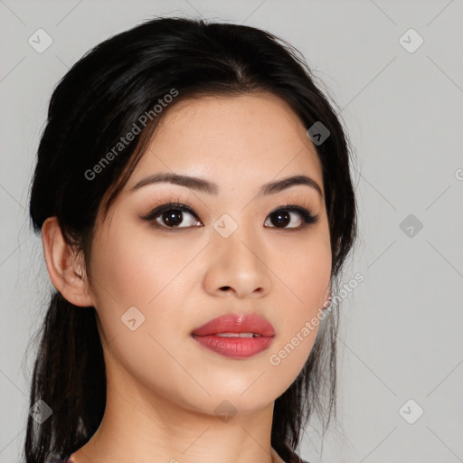 Joyful asian young-adult female with medium  black hair and brown eyes