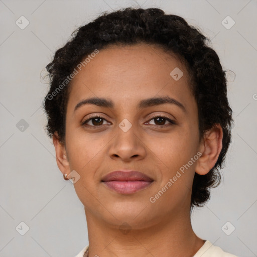 Joyful latino young-adult female with short  brown hair and brown eyes