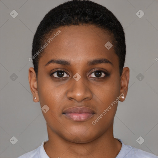 Neutral black young-adult female with short  black hair and brown eyes