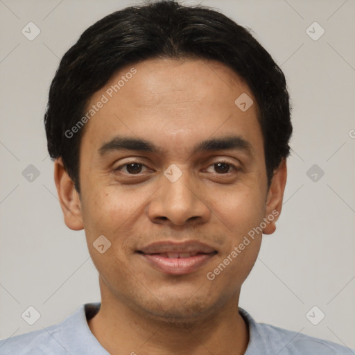 Joyful latino young-adult male with short  black hair and brown eyes