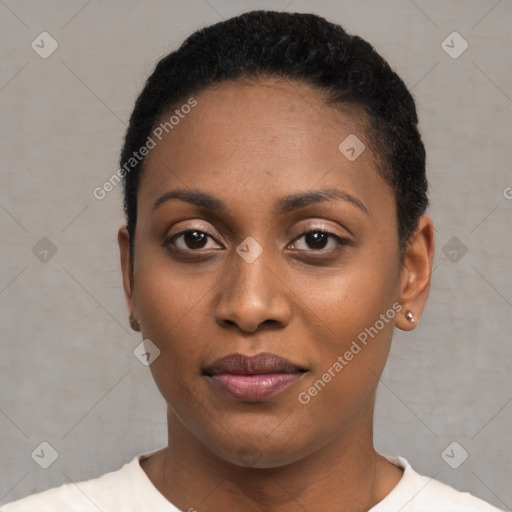 Joyful latino young-adult female with short  black hair and brown eyes