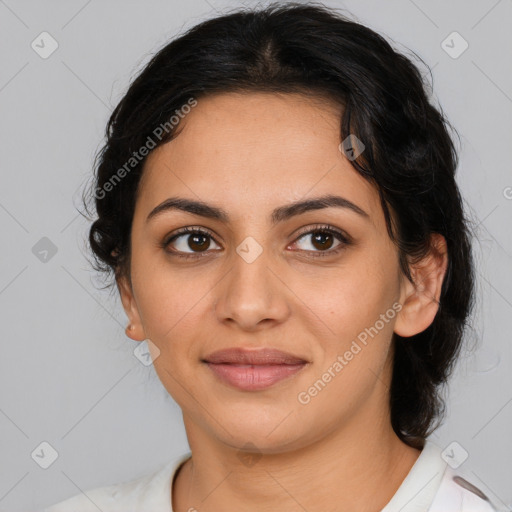 Joyful latino young-adult female with medium  brown hair and brown eyes