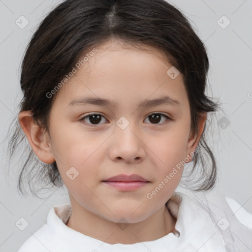 Joyful white child female with medium  brown hair and brown eyes