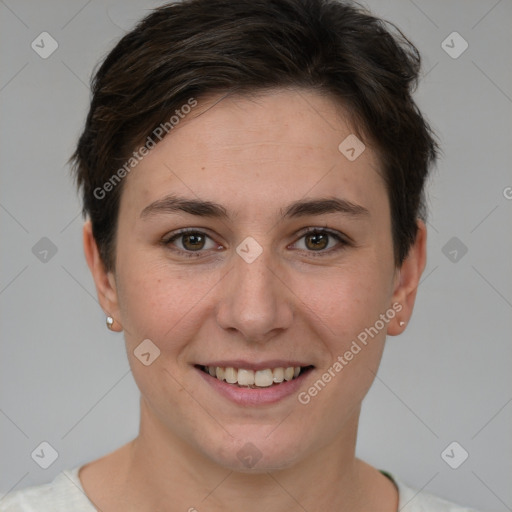 Joyful white young-adult female with short  brown hair and brown eyes