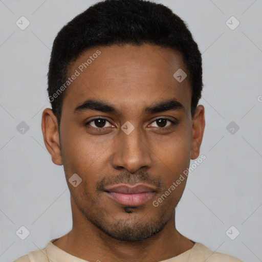 Neutral black young-adult male with short  black hair and brown eyes
