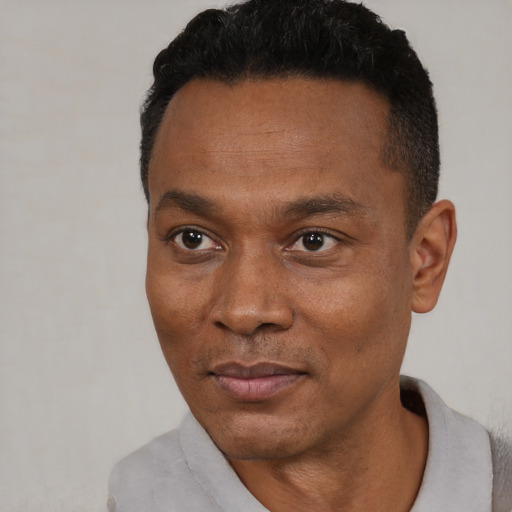 Joyful black young-adult male with short  black hair and brown eyes