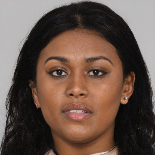 Neutral asian young-adult female with long  black hair and brown eyes
