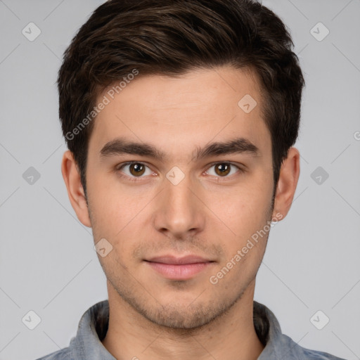 Neutral white young-adult male with short  brown hair and brown eyes