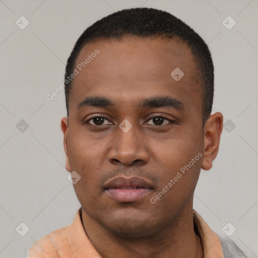 Neutral latino young-adult male with short  black hair and brown eyes