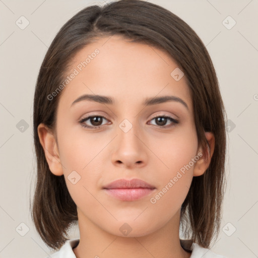 Neutral white young-adult female with medium  brown hair and brown eyes