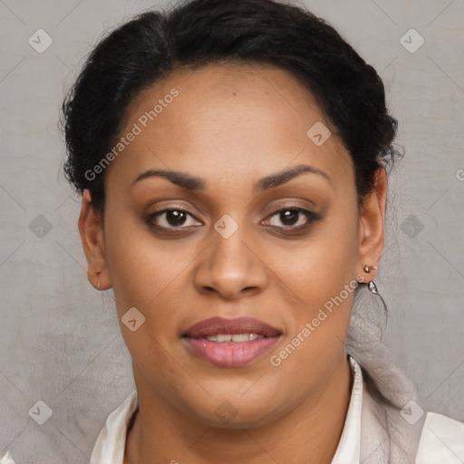 Joyful latino young-adult female with short  brown hair and brown eyes