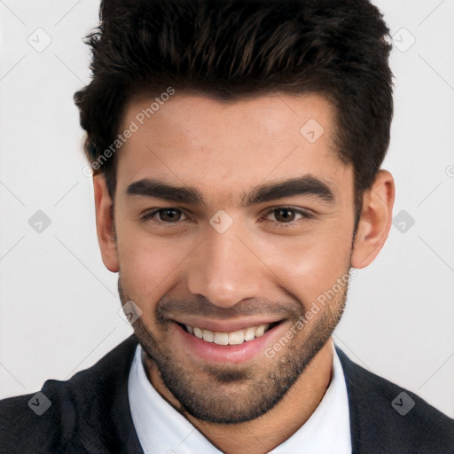 Joyful white young-adult male with short  black hair and brown eyes