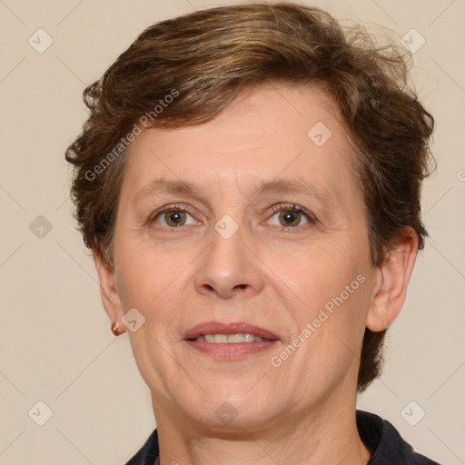 Joyful white adult female with short  brown hair and brown eyes