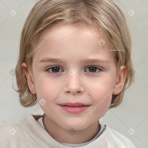 Joyful white child female with medium  brown hair and brown eyes