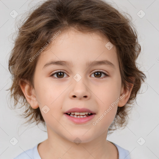 Joyful white child female with medium  brown hair and brown eyes