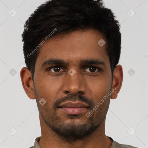 Neutral latino young-adult male with short  brown hair and brown eyes