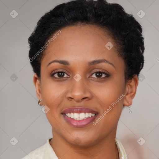 Joyful latino young-adult female with short  brown hair and brown eyes