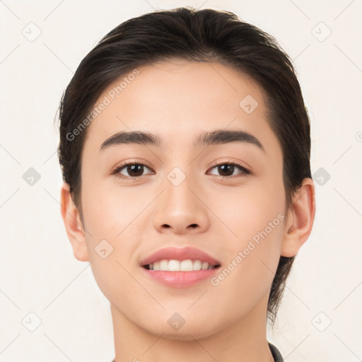 Joyful white young-adult female with medium  brown hair and brown eyes