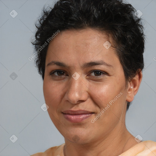 Joyful white adult female with short  brown hair and brown eyes