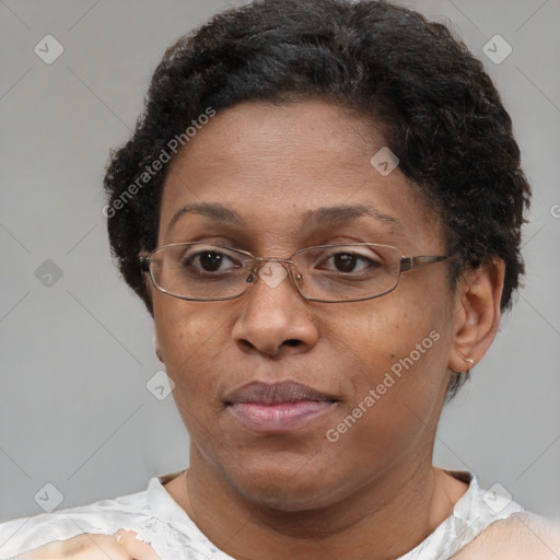 Joyful white adult female with short  brown hair and brown eyes