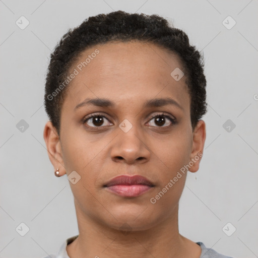 Neutral black young-adult female with short  brown hair and brown eyes