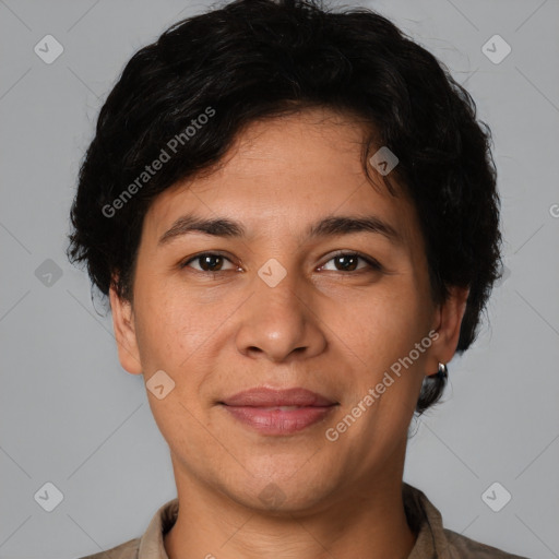 Joyful white adult female with short  brown hair and brown eyes