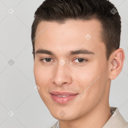 Joyful white young-adult male with short  brown hair and brown eyes