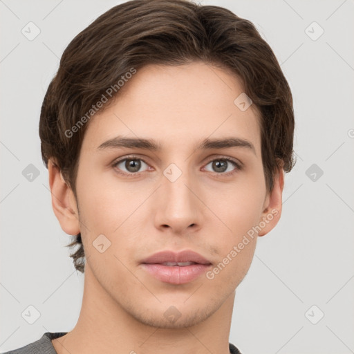 Neutral white young-adult male with short  brown hair and brown eyes