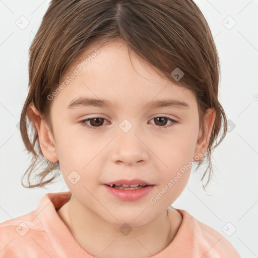 Joyful white child female with medium  brown hair and brown eyes