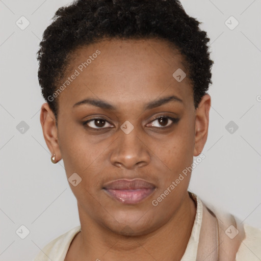 Joyful black young-adult female with short  brown hair and brown eyes