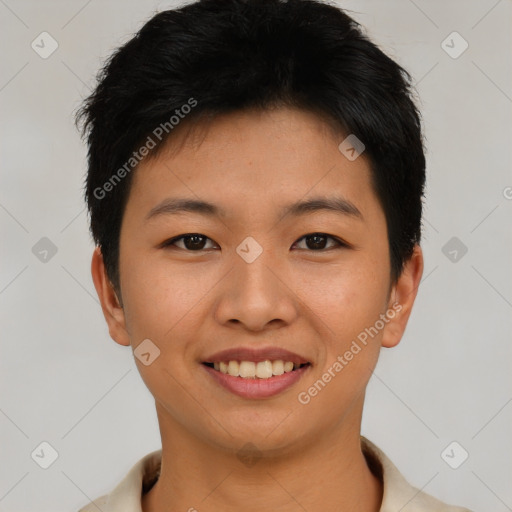 Joyful asian young-adult female with short  brown hair and brown eyes