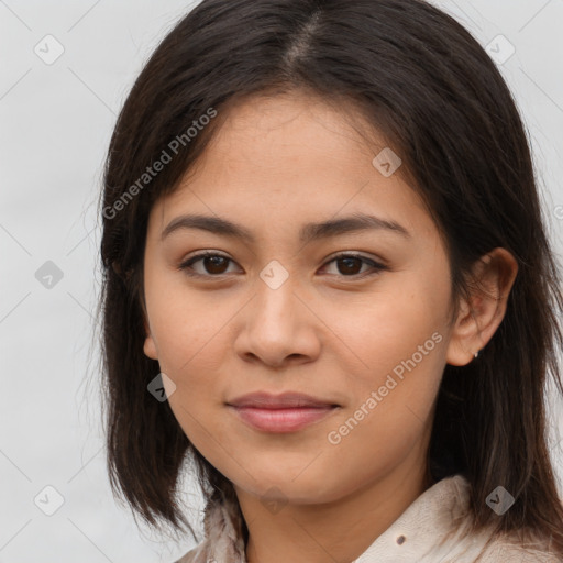 Joyful white young-adult female with medium  brown hair and brown eyes