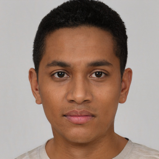 Neutral black young-adult male with short  black hair and brown eyes