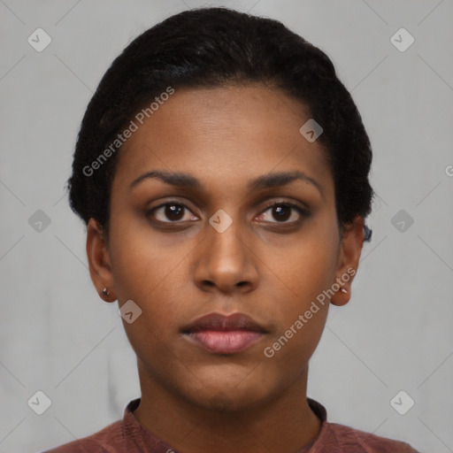 Neutral latino young-adult female with short  black hair and brown eyes