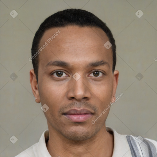 Neutral latino young-adult male with short  black hair and brown eyes