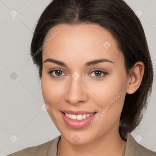 Joyful white young-adult female with medium  brown hair and brown eyes