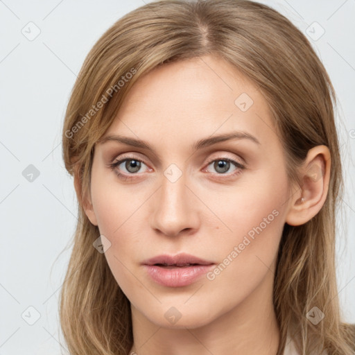 Neutral white young-adult female with long  brown hair and grey eyes