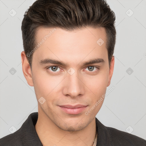 Neutral white young-adult male with short  brown hair and brown eyes