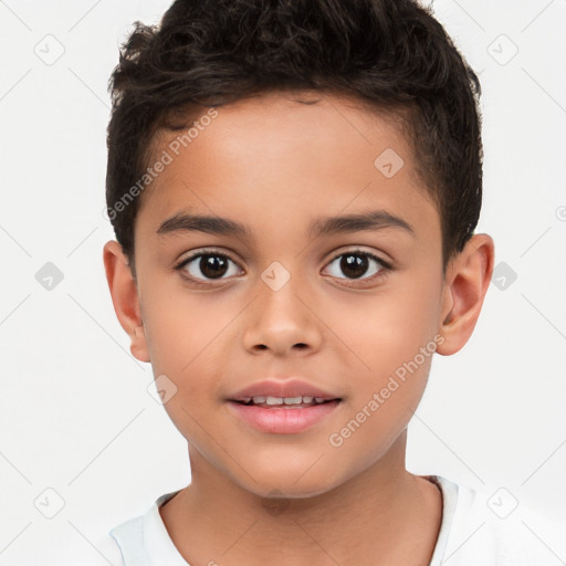 Joyful white child male with short  brown hair and brown eyes