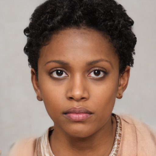 Neutral latino young-adult female with short  brown hair and brown eyes