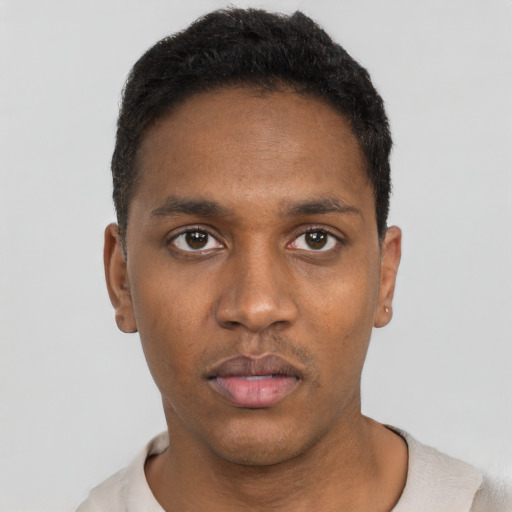 Neutral black young-adult male with short  black hair and brown eyes