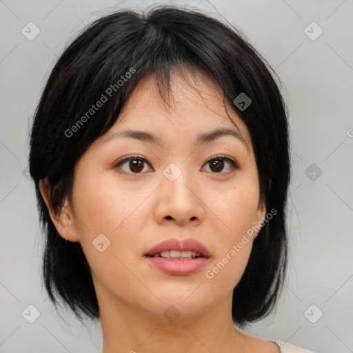 Neutral asian young-adult female with medium  brown hair and brown eyes