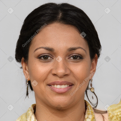 Joyful latino young-adult female with medium  brown hair and brown eyes