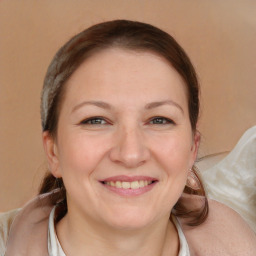 Joyful white young-adult female with medium  brown hair and blue eyes